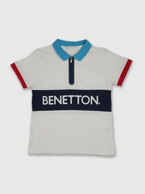 United Colors of Benetton Kids Off White Cotton Logo Print Polo T-Shirt