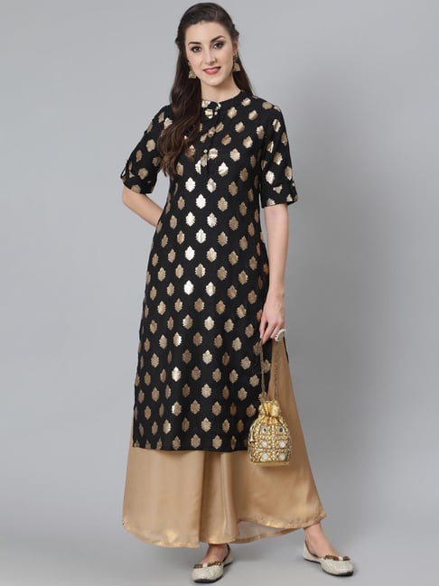 Aks Black Printed Straight Kurta