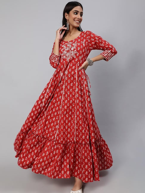 Aks Red Embroidered Fit & Flare Kurta