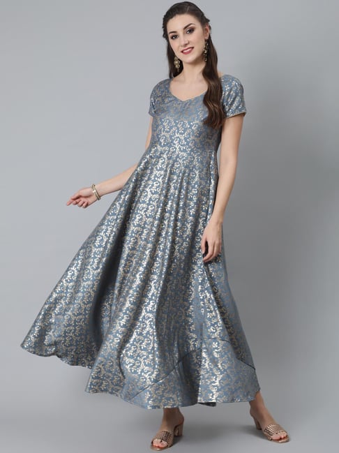 Aks Blue Printed Fit & Flare Kurta