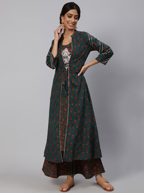 Aks Green Printed Kurta & Palazzo Set With Jacket