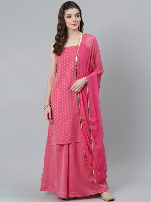 Aks Pink Printed Kurta With Palazzo & Dupatta