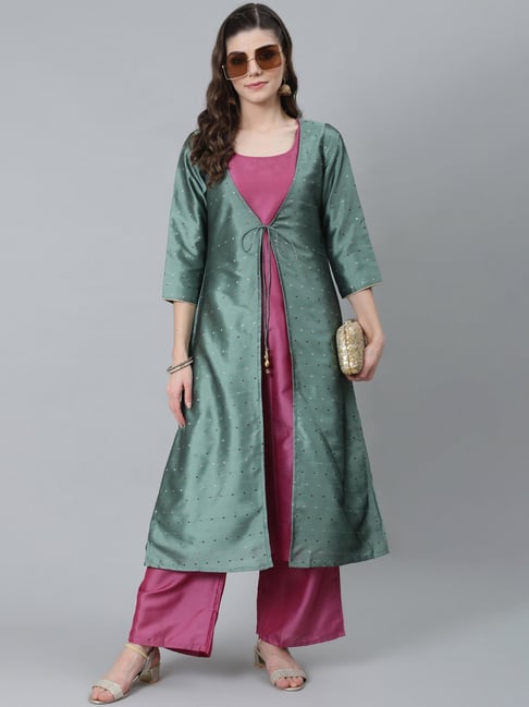 Aks Green & Fuchsia Textured Kurta & Palazzo Set With Jacket