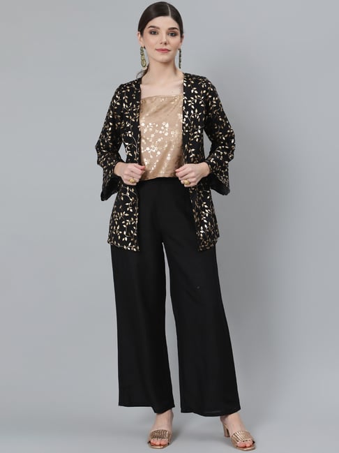 Aks Black Printed Top & Palazzo Set With Jacket