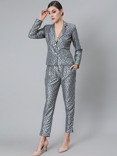 Aks Blue Printed Blazer With Pants Price in India