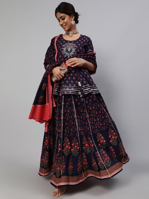 Aks Blue Embroidered Tunic With Skirt & Dupatta