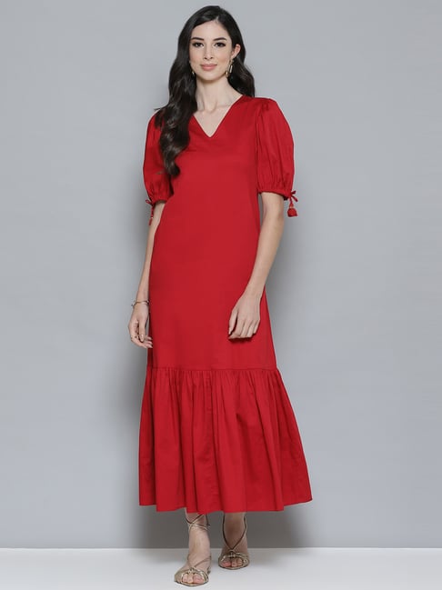 Femella Red Cotton A-Line Dress