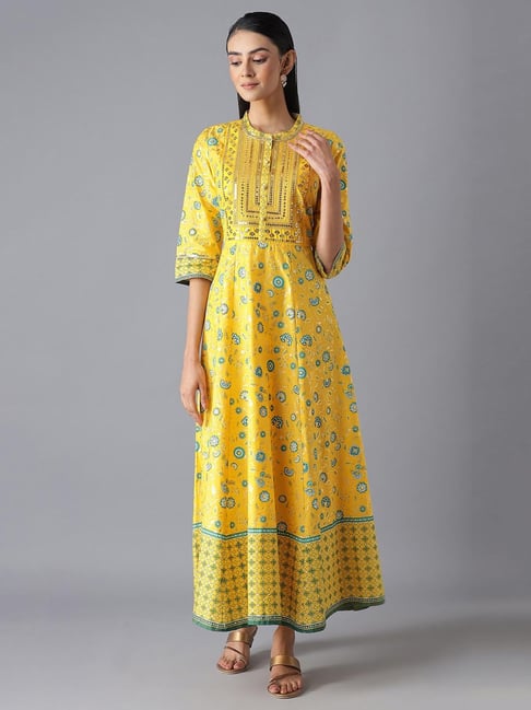Yellow Chinon Floral Printed Ethnic Dress With Mirror Work