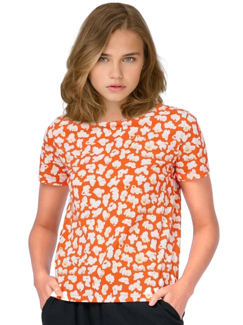 Only Orange & White Printed T-Shirt