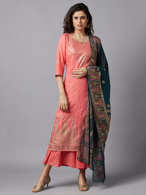 Aurelia Peach Kurta With Palazzo & Dupatta