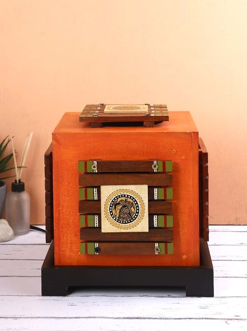 Aapno Rajasthan Winter Collection Orange & Brown Wood Square Ethnic Wooden Lamp - Set of 1