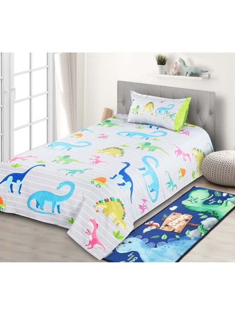 Saral Home Dinasour Multicolor Cotton 180 TC Bedsheet with 1 Pillow Cover