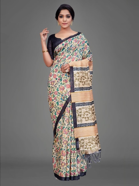 Saree Mall Beige Silk Floral Print Saree With Unstitched Blouse Price in India