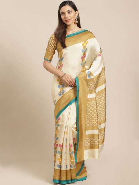 Saree Mall Beige Floral Print Saree With Unstitched Blouse Price in India