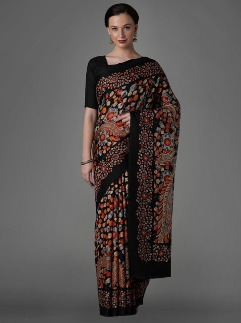 Saree Mall Black Silk Floral Print Saree With Unstitched Blouse Price in India