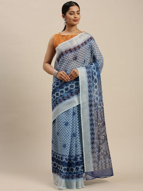 Saree Mall Blue Cotton Linen Printed Saree With Unstitched Blouse Price in India