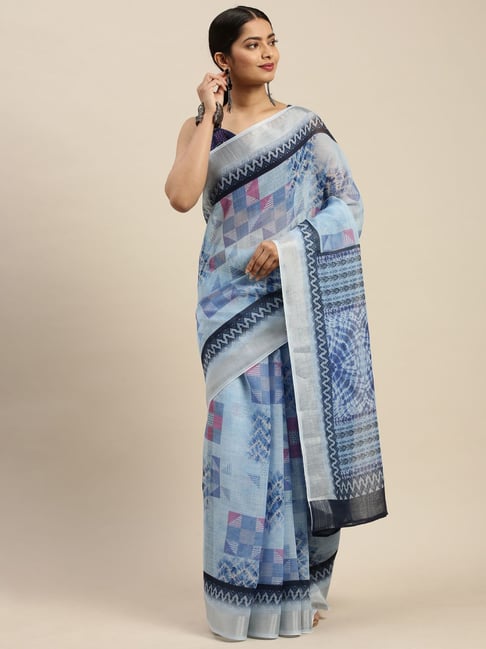 Saree Mall Blue Cotton Linen Printed Saree With Unstitched Blouse Price in India