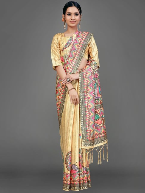 Saree Mall Beige Printed Saree With Unstitched Blouse Price in India