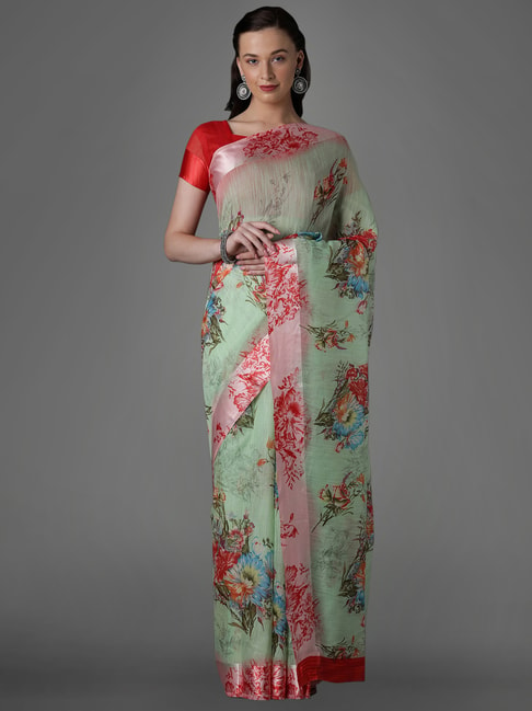 Saree Mall Green Cotton Silk Floral Print Saree With Unstitched Blouse Price in India
