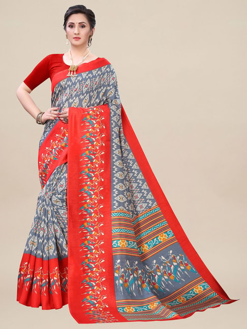 Saree Mall Grey Silk Printed Saree With Unstitched Blouse Price in India