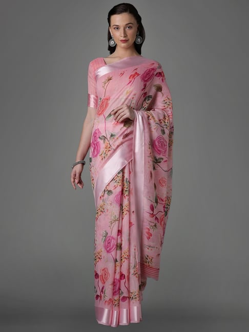 Saree Mall Pink Cotton Silk Floral Print Saree With Unstitched Blouse Price in India