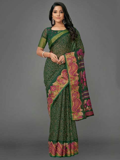 Saree Mall Green Cotton Printed Saree With Unstitched Blouse Price in India