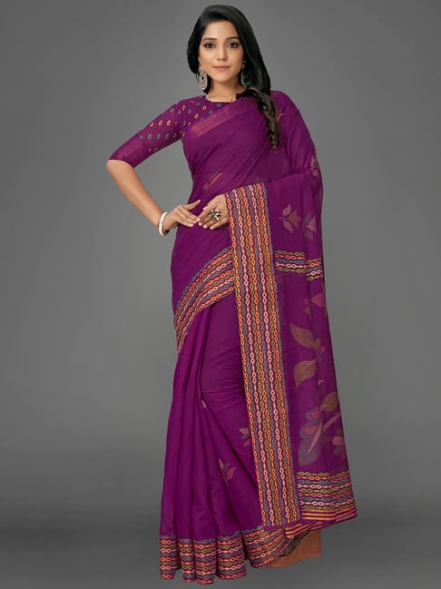Saree Mall Purple Cotton Printed Saree With Unstitched Blouse Price in India