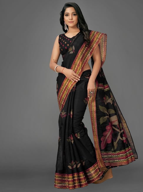 Saree Mall Black Cotton Printed Saree With Unstitched Blouse Price in India