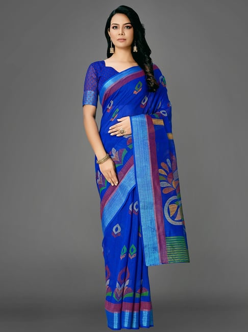 Saree Mall Blue Cotton Printed Saree With Unstitched Blouse Price in India