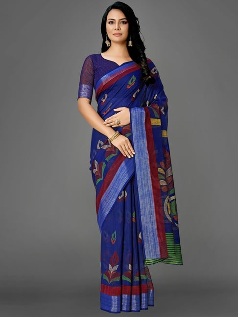 Saree Mall Blue Cotton Printed Saree With Unstitched Blouse Price in India