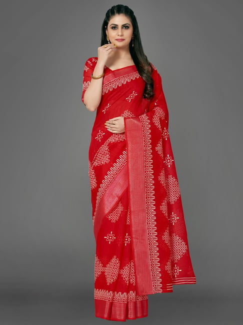 Saree Mall Red Cotton Printed Saree With Unstitched Blouse Price in India