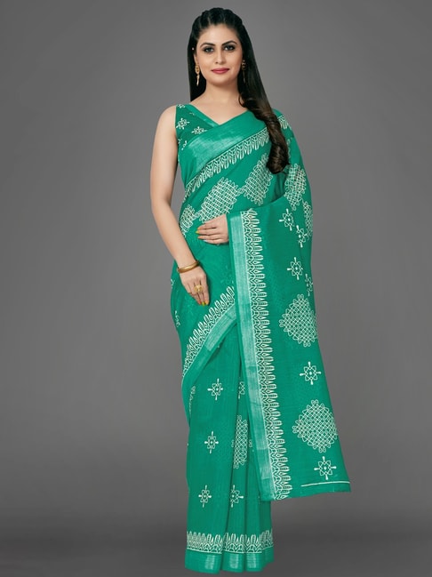 Saree Mall Green Cotton Printed Saree With Unstitched Blouse Price in India