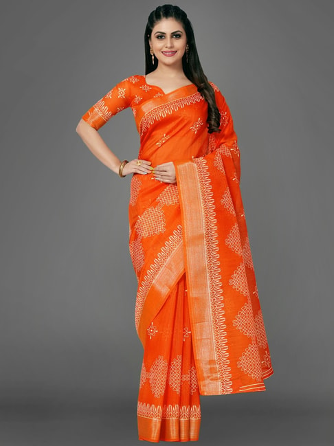 Saree Mall Orange Cotton Printed Saree With Unstitched Blouse Price in India
