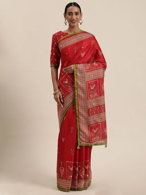 Saree Mall Red Silk Printed Saree With Unstitched Blouse Price in India