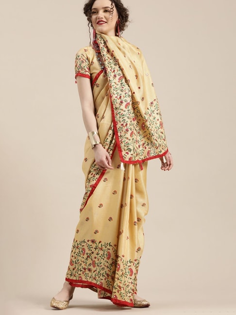 Saree Mall Cream Silk Printed Saree With Unstitched Blouse Price in India