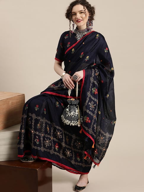 Buy Saree Mall Navy Silk Printed Saree With Unstitched Blouse for Women  Online @ Tata CLiQ