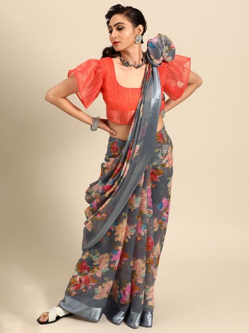 Saree Mall Grey Cotton Silk Floral Print Saree With Unstitched Blouse Price in India