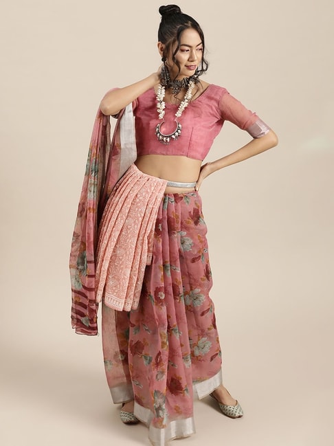 Saree Mall Pink Cotton Linen Floral Print Saree With Unstitched Blouse Price in India
