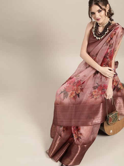 Saree Mall Pink Floral Print Saree With Unstitched Blouse Price in India