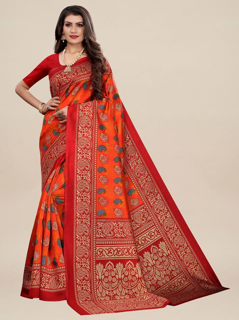 Saree Mall Orange Silk Printed Saree With Unstitched Blouse Price in India