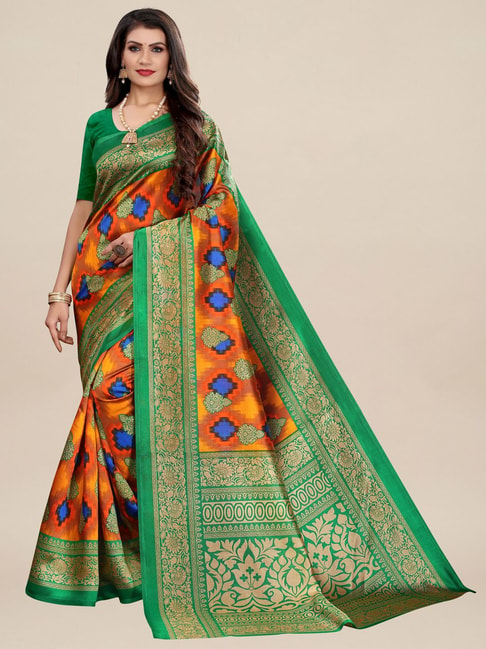 Saree Mall Green & Yellow Silk Printed Saree With Unstitched Blouse Price in India
