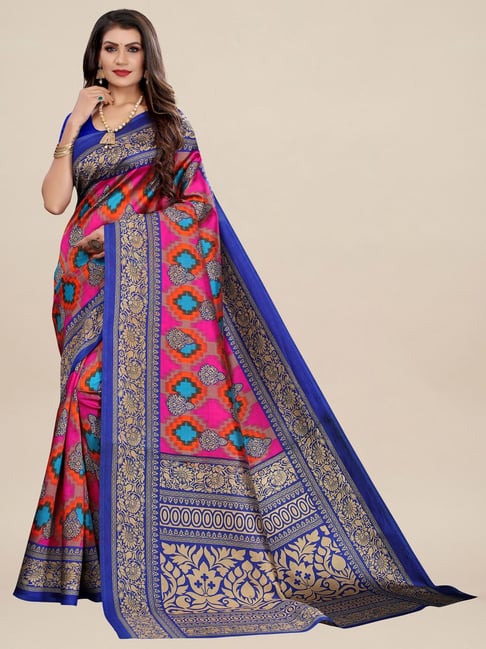 Saree Mall Blue & Pink Silk Printed Saree With Unstitched Blouse Price in India