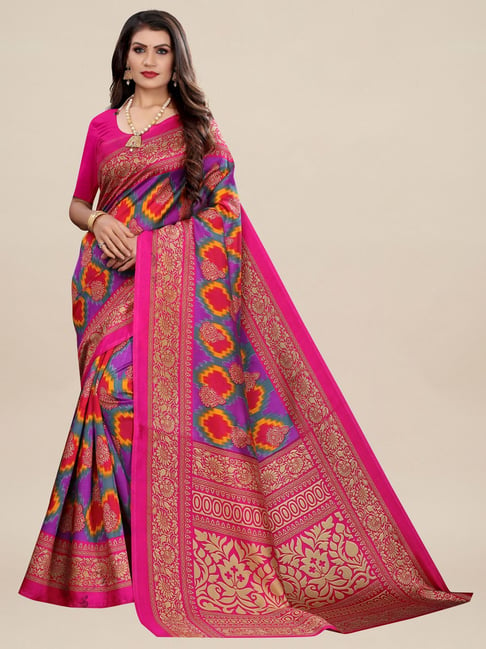 Saree Mall Pink & Purple Silk Printed Saree With Unstitched Blouse Price in India