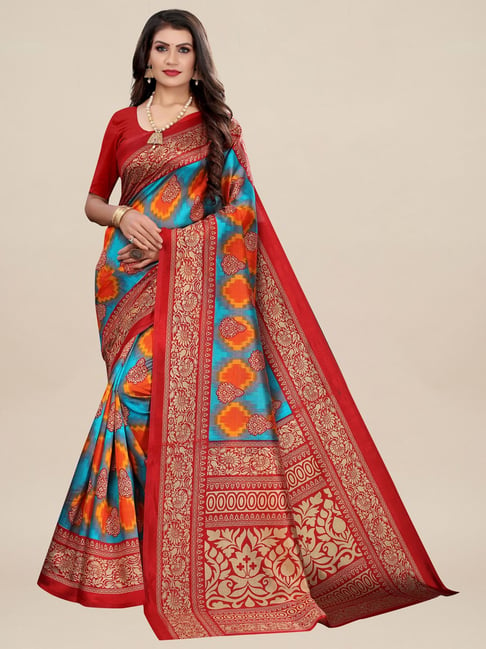 Saree Mall Red Silk Printed Saree With Unstitched Blouse Price in India