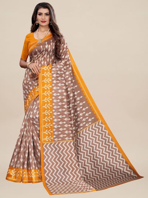 Saree Mall Brown Silk Printed Saree With Unstitched Blouse Price in India