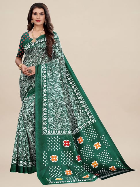 Saree Mall Green Silk Printed Saree With Unstitched Blouse Price in India