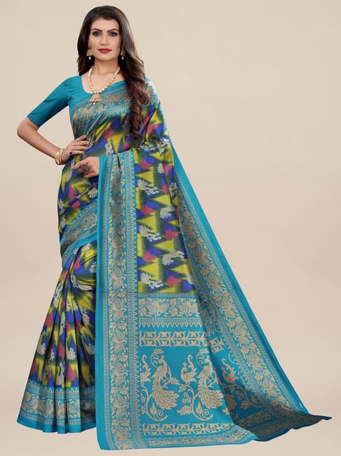 Saree Mall Blue & Green Silk Printed Saree With Unstitched Blouse Price in India