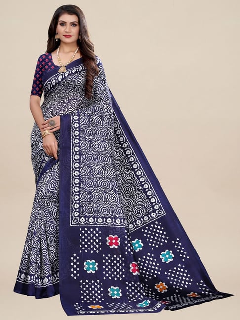 Saree Mall Blue Silk Printed Saree With Unstitched Blouse Price in India