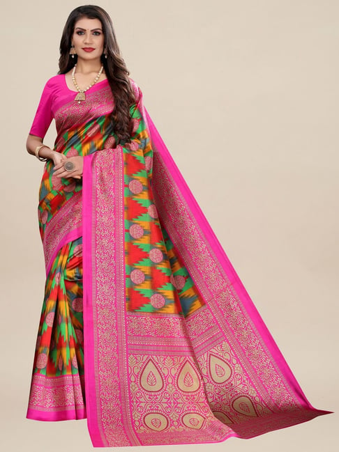 Saree Mall Multicolored Silk Printed Saree With Unstitched Blouse Price in India