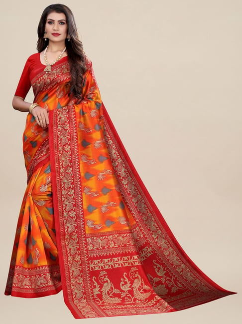 Saree Mall Red & Yellow Silk Printed Saree With Unstitched Blouse Price in India